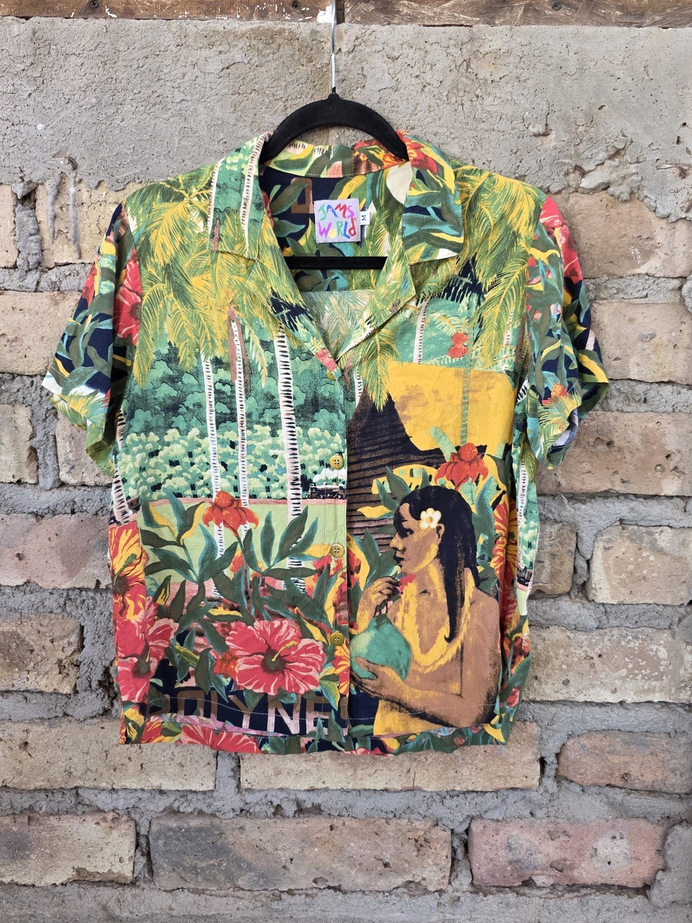 Vintage Jams World Spun Crushed Rayon Hawaiian Shirt Polynesian Girl Graphic M